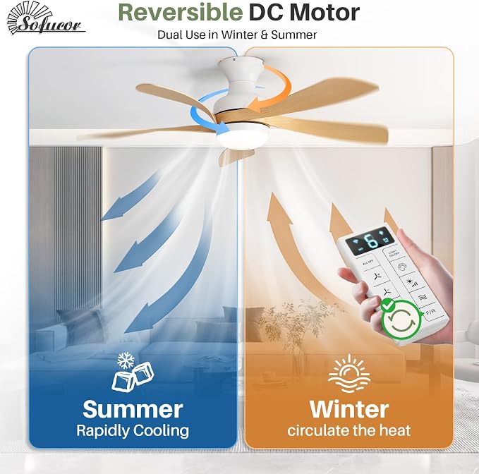 Sofucor Smart 42'' Low Profile Ceiling Fan with Lights and Remote, Flush Mount Ceiling Fan Work with APP/Alexa/Google for Modern Bedroom Living Room Patio, Dimmable LED Quiet Reversible DC Motor