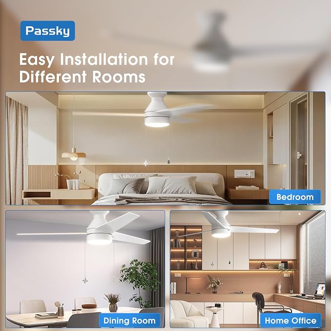 Passky Ceiling Fans with Lights, 52 inch Low Profile Ceiling Fan with Pull Chain and Remote Control, Flush Mount, Reversible, 5CCT, Dimmable, Noiseless, White Pull Cord Ceiling Fan for Bedroom