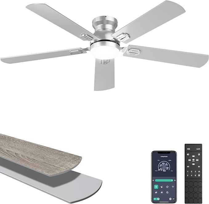 Ohniyou Ceiling Fans with Lights, 52 Inch Low Profile Ceiling Fan with Light and Remote/APP Control, Flush Mount, Dimmable, Quiet DC Motor, Silver Ceiling Fan for Bedroom, Living Room