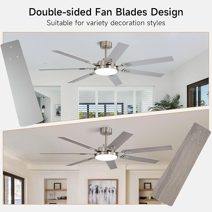 64 Inch Ceiling Fans with Lights and Remote, Bedroom Living Room Office Library Cafe Outdoor Industrial, 5CCT Dimmable, Dual Color 7 Blades, 6 Speed Reversible Quiet DC Motor, Sand-nickel/Wood Grain