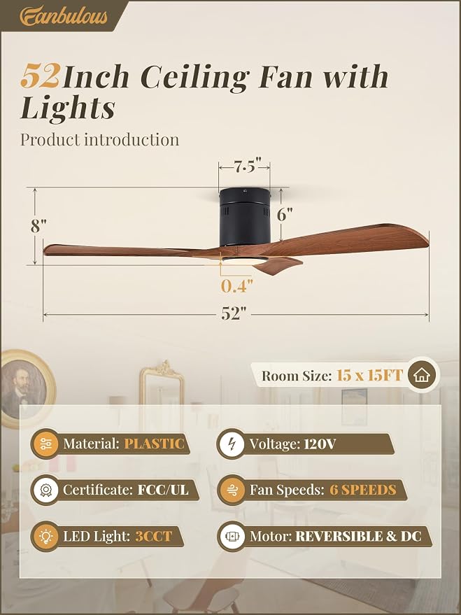Fanbulous 52" Ceiling Fans with Lights and Remote Control,Modern Flush Mount Ceiling Fan with 3 LED Colors,Outdoor Low Profile Ceiling Fans with 6-Speeds Timer DC Motor for Bedroom Living Room Patio