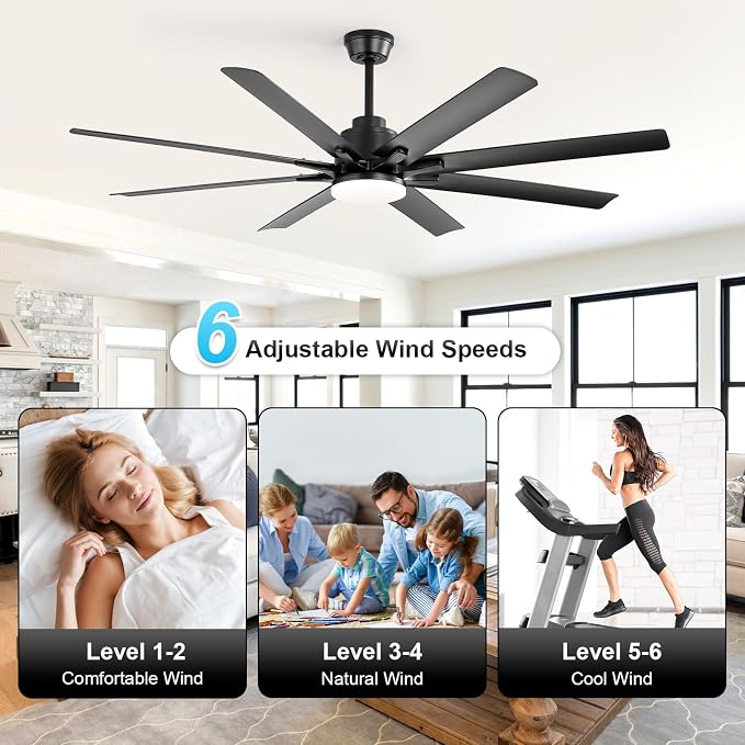 Sofucor 52 Inch Ceiling Fans with Lights, Smart Indoor/Outdoor Ceiling Fan With Remote, Work with Alexa/Google, Quiet Reversible DC Motor, 6-Speed, 8 Blade Black Ceiling Fans for Patio Bedroom Garage