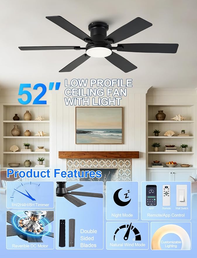 52 inch Low Profile Ceiling Fan with Light and Remote/APP Control, LED Dimmable, 3CCT, DC Reversible Motor, Modern, 6 Speeds, Black Flush Mount Ceiling Fans for Bedroom Living Room/Outdoor Use