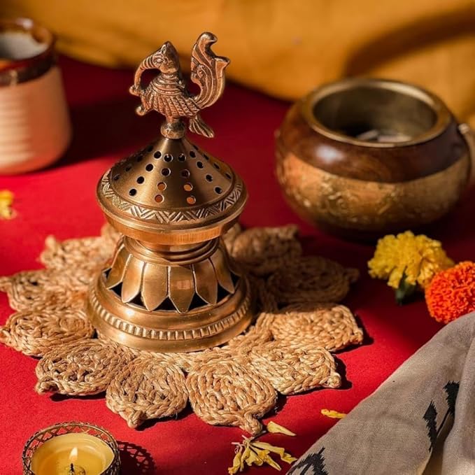 RITUALISTIC Konark Brass Loban Lamp Dhoop Holder Incense Burner Dhoop Dani Pooja Items Dhoop Batti Stand Sambrani Holder Pooja Room Decor 15.1x9 Konark Loban Lamp Perfect Valentine's Day Gifts Items