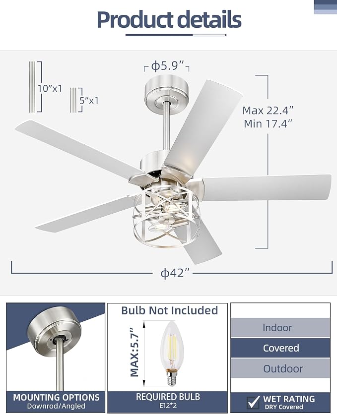 YOUKAIN 42 Inch Ceiling Fans, Farmhouse Ceiling Fans with Lights and Remote, 5-Reversible Blades with Gray Oak/Brushed Nickel Finish, 42-YJ632-BNW