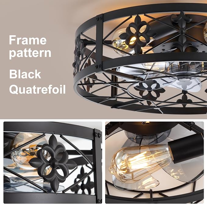 ZYD Caged Ceiling Fan with Light, 20" Ceiling Fan with Lights and Remote Flush Mount, Bladeless Caged Ceiling Fans with Lights, Matte Black Rustic Fan for Bedroom, Kitchen, Dining Room