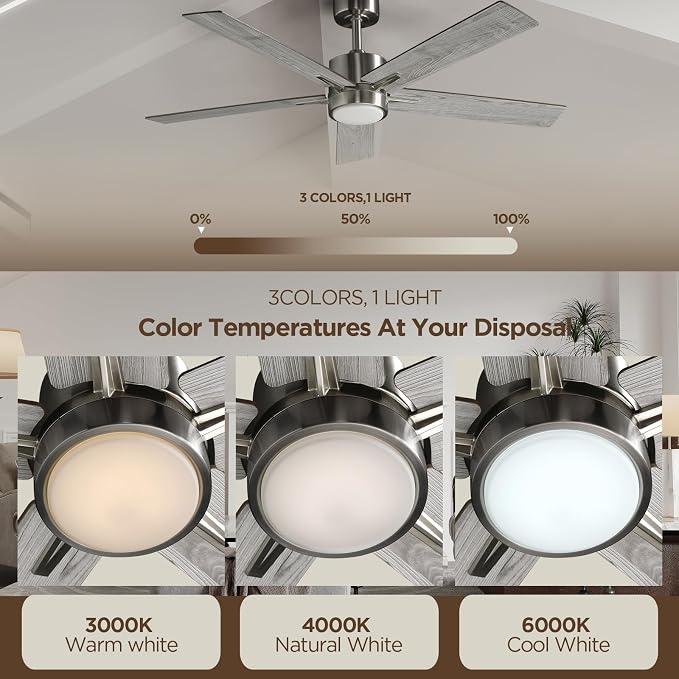 52 Inch Ceiling Fan Brushed Nickel Remote Controlled Dimmable Light Combo - Quiet Reversible - 5 Grey Blades