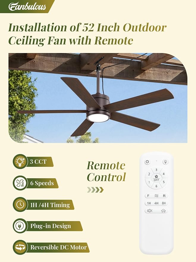 Fanbulous 52" Outdoor Ceiling Fan with Light and Remote, IP65 Waterproof, Plug-in Design with 10FT Cord, 6-Speeds, 3CCT, Hook Hanging Fan for Gazebo Patio Porch Garage Canopy(Oil-Bronze)