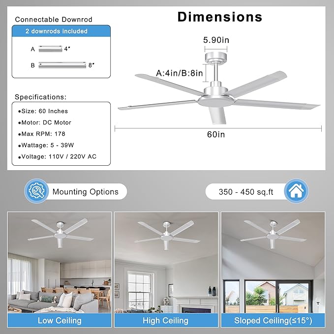 Ohniyou 60'' Industrial Ceiling Fan No Light for Patio, Garage, Silver | 6800 CFM Airflow, 35dB DC Motor, 5 Aluminum Blades, Remote/APP Control, Covered Outdoor Metal Fan