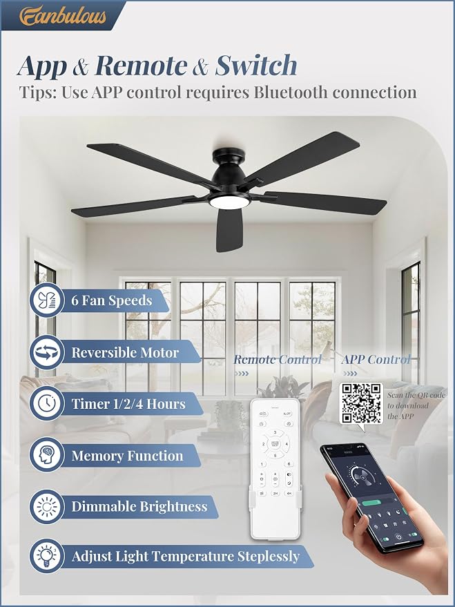 Fanbulous 60 inch Ceiling Fans with Lights, Smart Flush Mount Ceiling Fan and Remote APP, Modern Low Profile, 3CCT 20W LED with 6-Speeds Quiet Reversible Motor for Bedroom, Living Room, Kitchen, Black