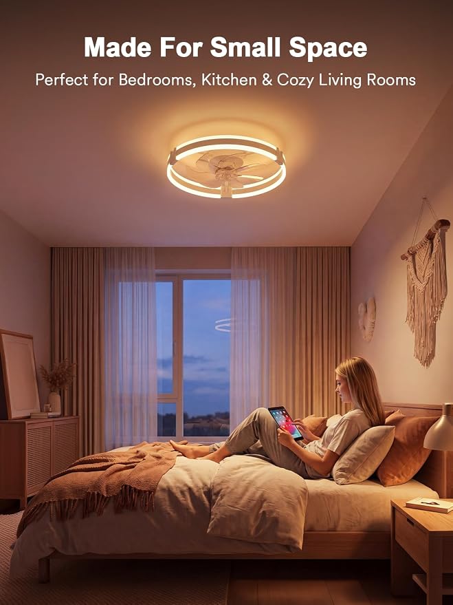 Bladeless Ceiling Fan with Light, 20 Inch Low Profile Flush Mount Fan White | Modern Small Ceiling Fan with Dimmable Light, 6 Speeds, Reversible Airflow, App and Remote Control for Dedroom Liveroom