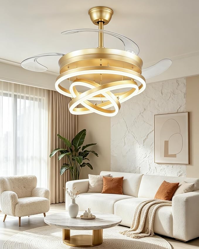 48 Inch Retractable Ceiling Fan with Lights, Gold Fandelier Chandelier Fan with Remote, 6-Speed Silent DC Motor, 3000K-6500K Dimmable LED Light, Modern Ceiling Fan for Bedroom Living Room Dining Room