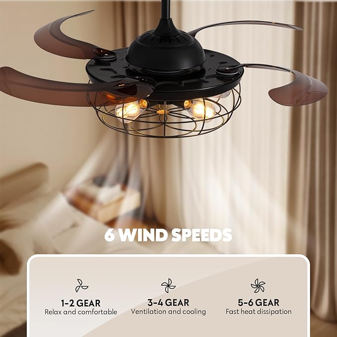 48" Retractable Ceiling Fan with Lights and Remote, Rustic Fandelier Ceiling Fan Black Bladeless Industrial Ceiling Fan for Farmhouse Living Room Dining Room Bedroom Kitchen Garage