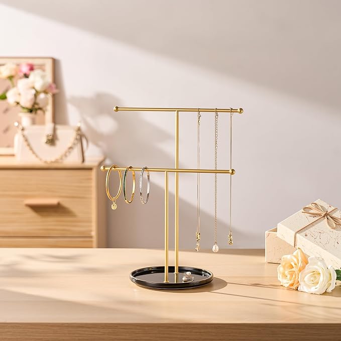 Jewelry Stand with Ceramic Tray, Necklace Holder, Gold Bar Black Base