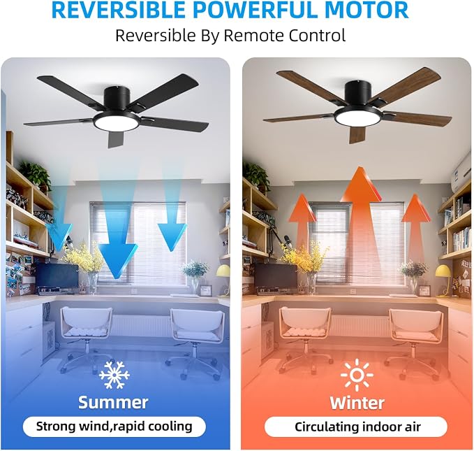 Ceiling Fan with Lights, Smart Flush Mount Ceiling Fan with Remote/APP/Offline Voice Control, 6 Speeds Reversible, 3-Color Dimmable LED,Modern Low Profile Ceiling Fan for Bedroom Living Room 52"