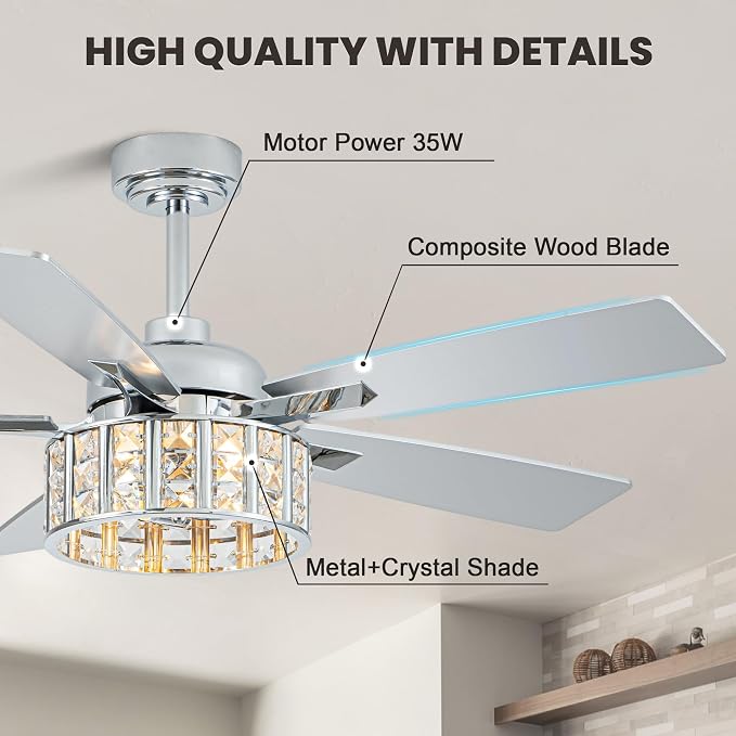 52" Modern Crystal Chandelier Ceiling Fans with Lights for Living Room | K9 Crystal Fandelier Fan Quiet Reversible DC Motor 6 Speeds Timer E26 Bedroom