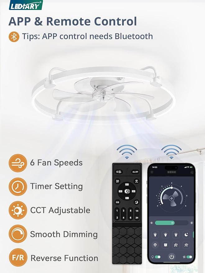 LEDIARY 26" Ceiling Fans with Lights and Remote, Low Profile Led Fan Light | Stepless Dimmable Fandelier, 6 Wind Speeds, Remote and APP Control, Flush Mount Ceiling Fan for Bedroom, Living Room, White
