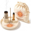 Incense & Palo Santo Holder – 6.5'' Ceramic Sage Burner for Sticks, Bundles, Cones, Candle & Tealight with Ash Catcher – Jewelry Tray, Smudge Pot, Home Décor, Meditation Gift (Golden Sun)