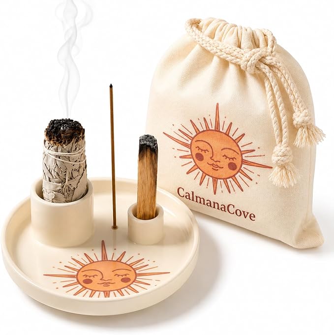Incense & Palo Santo Holder – 6.5'' Ceramic Sage Burner for Sticks, Bundles, Cones, Candle & Tealight with Ash Catcher – Jewelry Tray, Smudge Pot, Home Décor, Meditation Gift (Golden Sun)