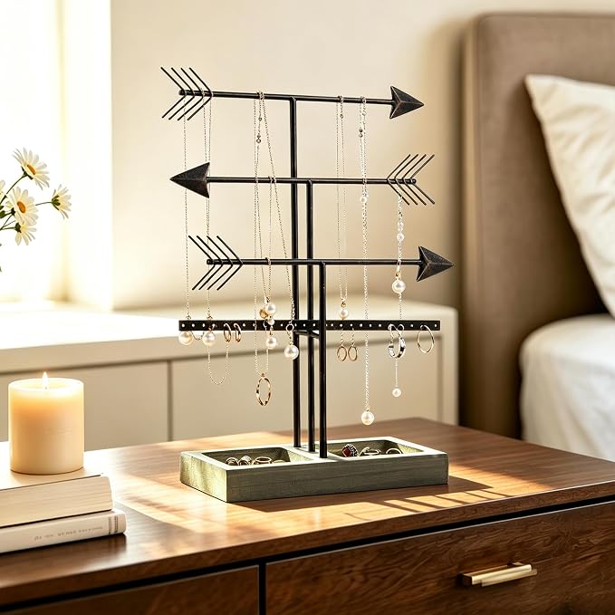 Urban Deco Arrow Jewelry Organizer Stand 4-Tier Black Jewelry Stand Necklace Organizer With Wooden Ring Holder For Jewelry Display Bracelet Holder Stand Earring Organizer For Girls - Black