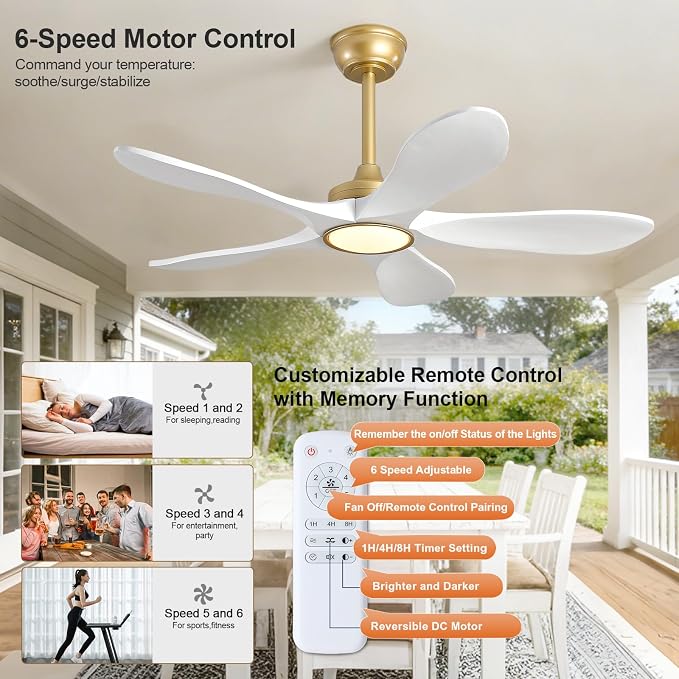 42 Inch White and Gold Ceiling Fans with Lights and Remote Control, Modern 3 Blade Wood Ceiling Fan, Outdoor Indoor Ceiling Fan with Light for Bedroom, Living Room, Quiet DC Motor, Dimmable