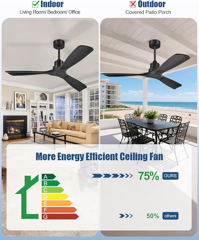 Ceiling Fans With Remote Control, Outdoor Ceiling Fan for Patios Indoor, 3 Downrods, 3 Blades, Timer, 6 Speed Reversible Quiet DC Motor Modern Fan Solid Wood Fan,60in, Matte Black
