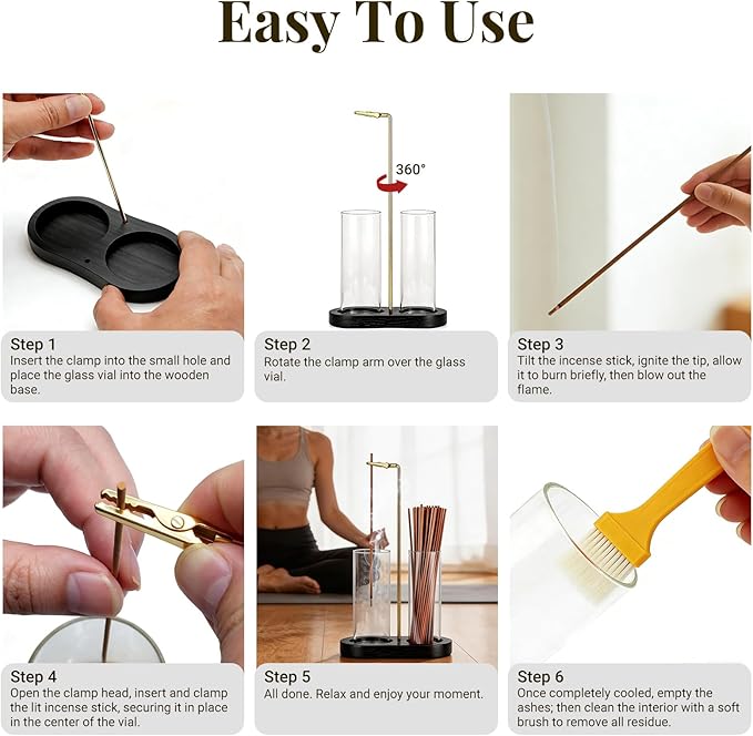 Glass Incense Holder, 2 in 1 Hanging Incense Burner Holder with Ash Catcher & Storage | Cute Boho Decor for Meditation, Yoga, Spa | Stick Incense Holder, Incense Tray Alternative Censer (Black)
