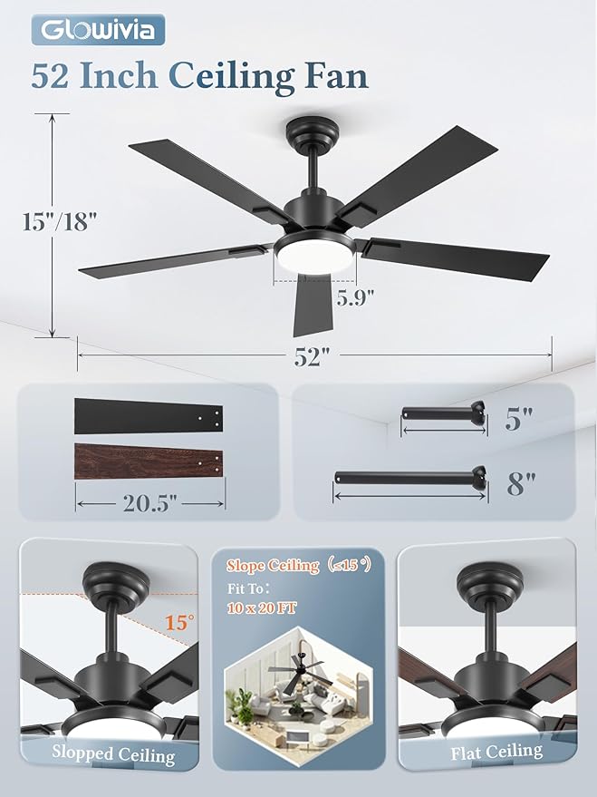 52 Inch Ceiling Fans with Lights and Remote&APP Control, Black Smart Ceiling Fan with 3000-6000K Dimmable, 6 Speeds Quiet Reversible Motor, Indoor/Outdoor Ceiling Fan for Bedroom Living Room