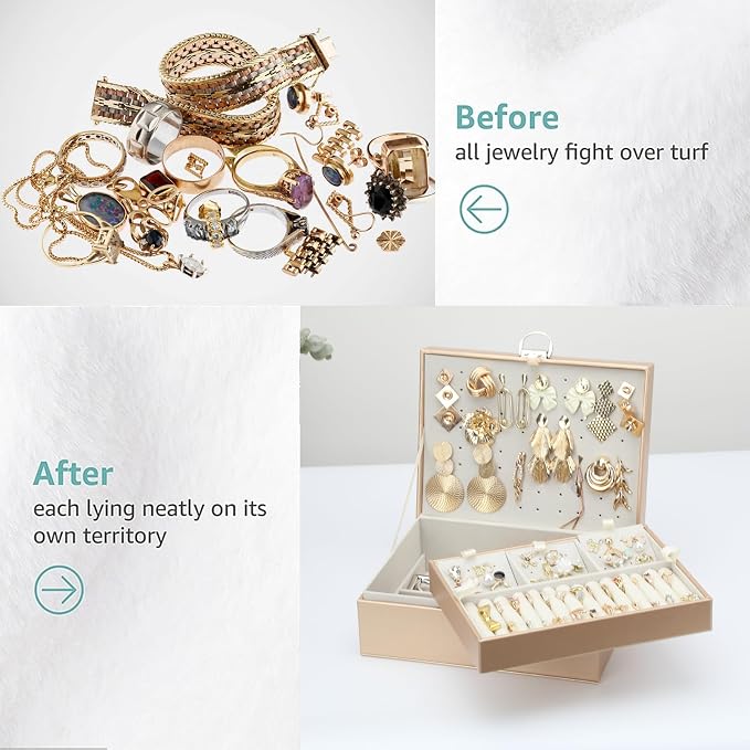 BOOVO Large Jewelry Boxes For Women (Champagne, 4 layer) | 4 Layers Jewelry Organizer Box With Cosmetic Storage Drawer, Necklace Ring Jewelry Organizer Box