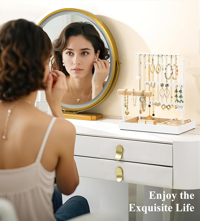 Emibele Jewelry Necklace Holder, 5 Tier Jewelry Organizers and Storage | Earring Bracelet Holder, Jewelry Display with Metal Frame Velvet Ring Tray, Aesthetic Jewelry Stand Gifts for Women, White