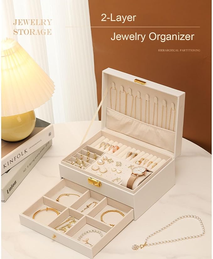 GUOER Jewelry Box for Women Girls, Two Layers Jewelry Organizer (White) | Vintage Quilting Stitching PU Leather, Earrings Bracelets Rings Necklace Watches Storage Large Jewellery Holder Case Gifts