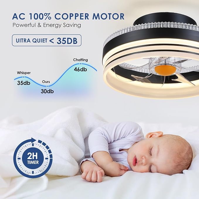 Mpayel RGB Ceiling Fans with Lights, 13" Low Profile Ceiling Fan with Light and Remote, 3000-6000K Dimmable Modern Black Flush Mount LED Fan Light for Bedroom, Living Room, Kitchen