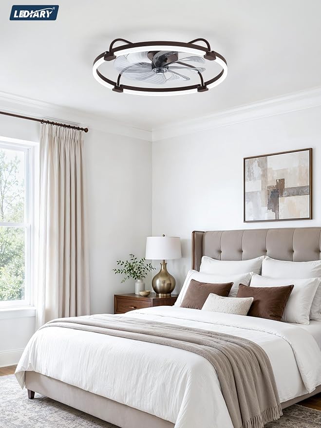 LEDIARY Ceiling Fans with Lights and Remote, Low Profile fan Light, Brown | 24 Inch 3000K-6000K Stepless Dimmable Fandelier, Reversible DC Motor, Remote and APP Control, Bedroom Kitchen Living Room