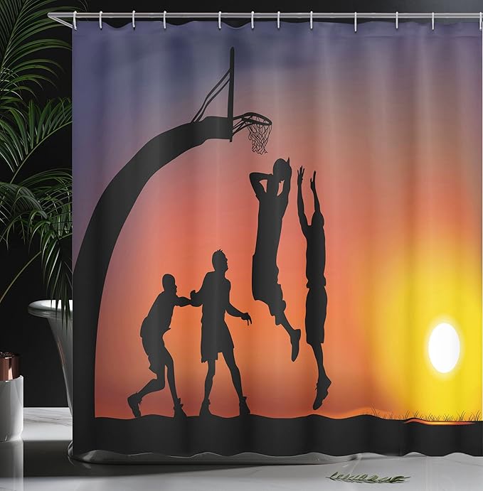 Ambesonne Teen Room Shower Curtain, Boys Playing Basketball at Sunset Horizon Sky Dramatic Scenery, Cloth Fabric Bathroom Decor Set with Hooks, 69" W x 75" L, Dark Coral Black Yellow