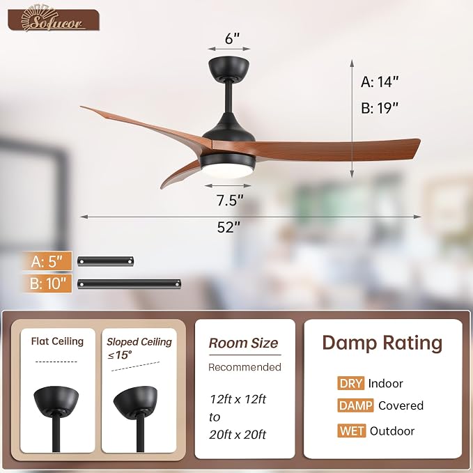 Sofucor 52 Inch Smart Ceiling Fan, Works with App/Alexa/Google, Outdoor Ceiling Fan with Lights Remote Control, Dimmable Airflow 6000CFM ABS 3 Blades Reversible DC Motor for Living Room Bedroom Patio
