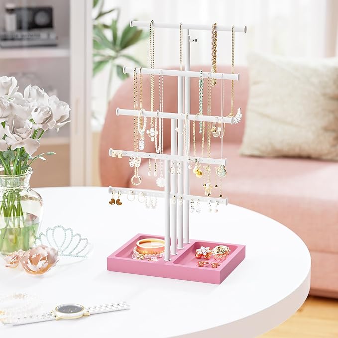 Love-KANKEI Jewelry Organizer Stand 5-Tier,Adjustable Height,Pink/White | Metal Rod,Solid Wood Base,Easy to Install,Tree Style,Display Long Necklaces,Bracelets,Earrings,Rings,Watches,Bangles,Gift
