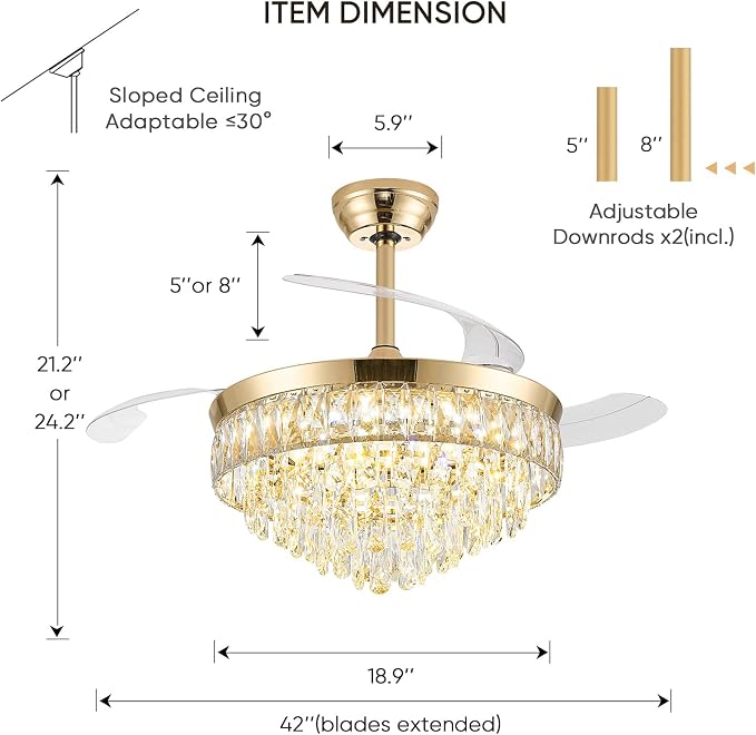 42'' Chandelier Ceiling Fan with Lights, Retractable Fan with Remote and APP, Crystal Fandelier Ceiling Fan, Dimmable LED, Reversible Motor, Quiet for Bedroom Living Room-Gold