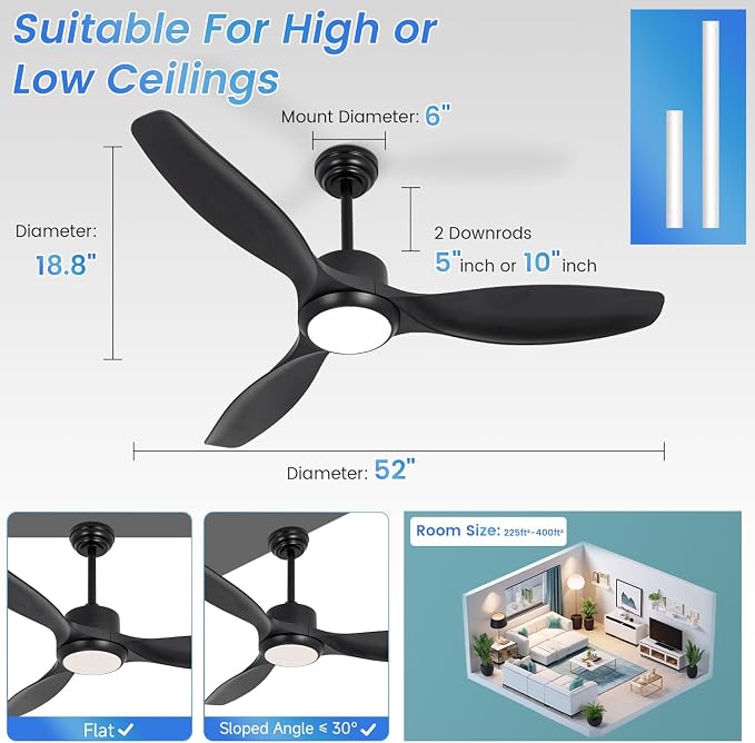 52" Ceiling Fans with Lights and Remote, Black Ceiling Fan with 3 Color Dimmable LED Light, 6 Speed, DC Motor, for Bedroom/Living room/Outdoor, Black