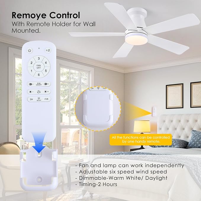 Hounberi 46 Inch Flush Mount Ceiling Fan with RGB Light and Remote, Modern White Low Profile Ceiling Fan for Low Ceilings, 3CCT Dimmable LED, 6 Speeds Quiet Reversible Motor for Bedroom & Living Room