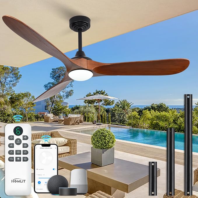 60” Outdoor Ceiling Fan with Light 3 Downrods, Smart Wood Ceiling Fan Compatible with Alexa/Google/App, 3 Blades Modern Walnut Wood Ceiling Fans for Kitchen Living Room Patio