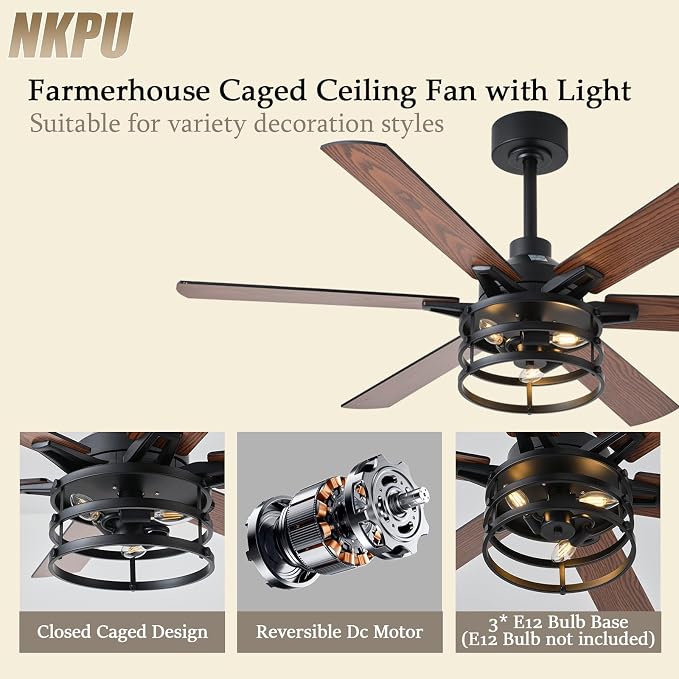 NKPU 52 Inch Farmhouse Ceiling Fan with Light and Remote, Brown Industrial Caged Rustic Ceiling Fan with 6 Speed Reversible Motor and Dual Finish 6 Blades, Rustic Ceiling Fan for Living