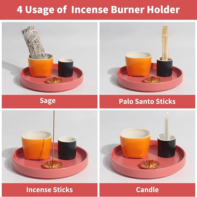 4 in 1 Incense Holder, 5.5" Ceramic Palo Santo Stick Holder, Sage Holder for Burning, Sage Incense Burner for Meditation Yoga Room and Home Decor