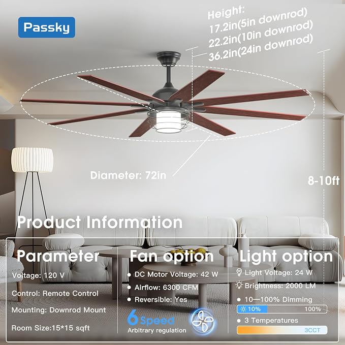 Passky Ceiling Fans with Lights, 72 inch Black Ceiling fan with Light and Remote Control, Reversible, Dimmable, 3CCT, Quiet, Caged Ceiling Fan for Farmhouse, Bedroom, Living Room, Indoor/Outdoor Use