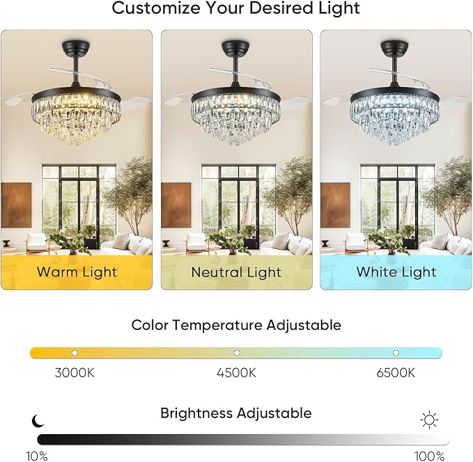 42'' Chandelier Ceiling Fan with Lights, Retractable Fan with Remote and APP, Crystal Fandelier Ceiling Fan, Dimmable LED, Reversible Motor, Quiet for Bedroom Living Room-Black