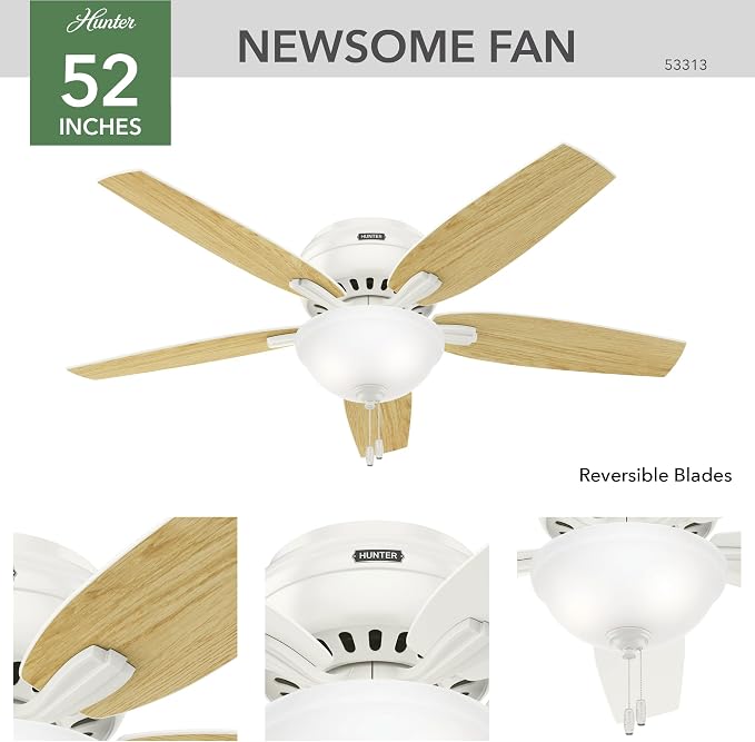 Hunter 52 inch Indoor Ceiling Fan with LED Light - White Ceiling Fan with Pull Chain, For Bedroom or Living Room, Low Profile Flush Mount, No Remote, 5 Blades - Newsome 53313, Fresh White