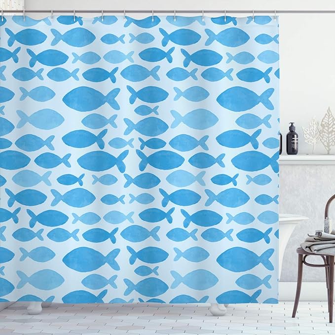 Ambesonne Fish Shower Curtain, Sea Animal in Watercolors Brushstrokes Theme Illustration, Cloth Fabric Bathroom Decor Set with Hooks, 69" W x 70" L, Deep Blue Sky