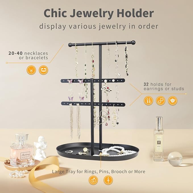 Saydear 3-Tier Jewelry Organizer Stand, Earring Holder Necklace Tree | Black Metal Earring Rails With Top Necklace Bar, Oval Tray Base, Ideal Vanity Dresser Decor, Gift For Her