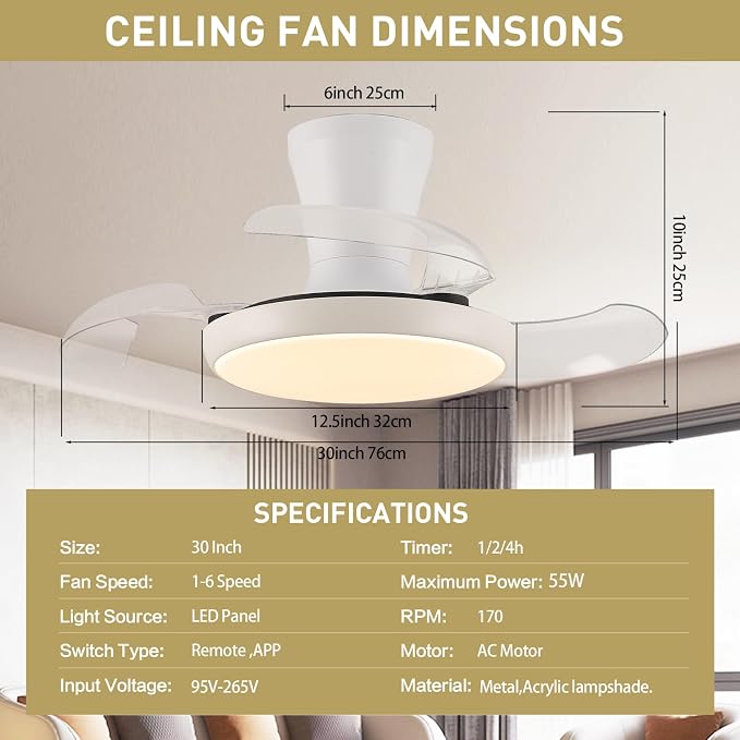 30" RGB Ceiling Fan with Light Chandelier Fan Modern Fandelier Dimmable LED 6-Speed Reversible White,Remote APP Control
