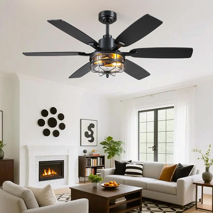 Hounberi 52" Farmhouse Ceiling Fan with Light and Remote, Black Industrial Caged Ceiling with Seeded Glass, 6-Speed Reversible DC Motor, Dual Finish 6 Blades, Black Ceiling Fan for Living Room Bedroom