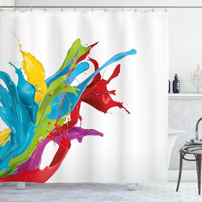 Ambesonne Colorful Shower Curtain, Surreal Fluid Liquid Flowing Paint Splash Featured Digital Graphic Print, Cloth Fabric Bathroom Decor Set with Hooks, 69" W x 75" L, Multicolor White